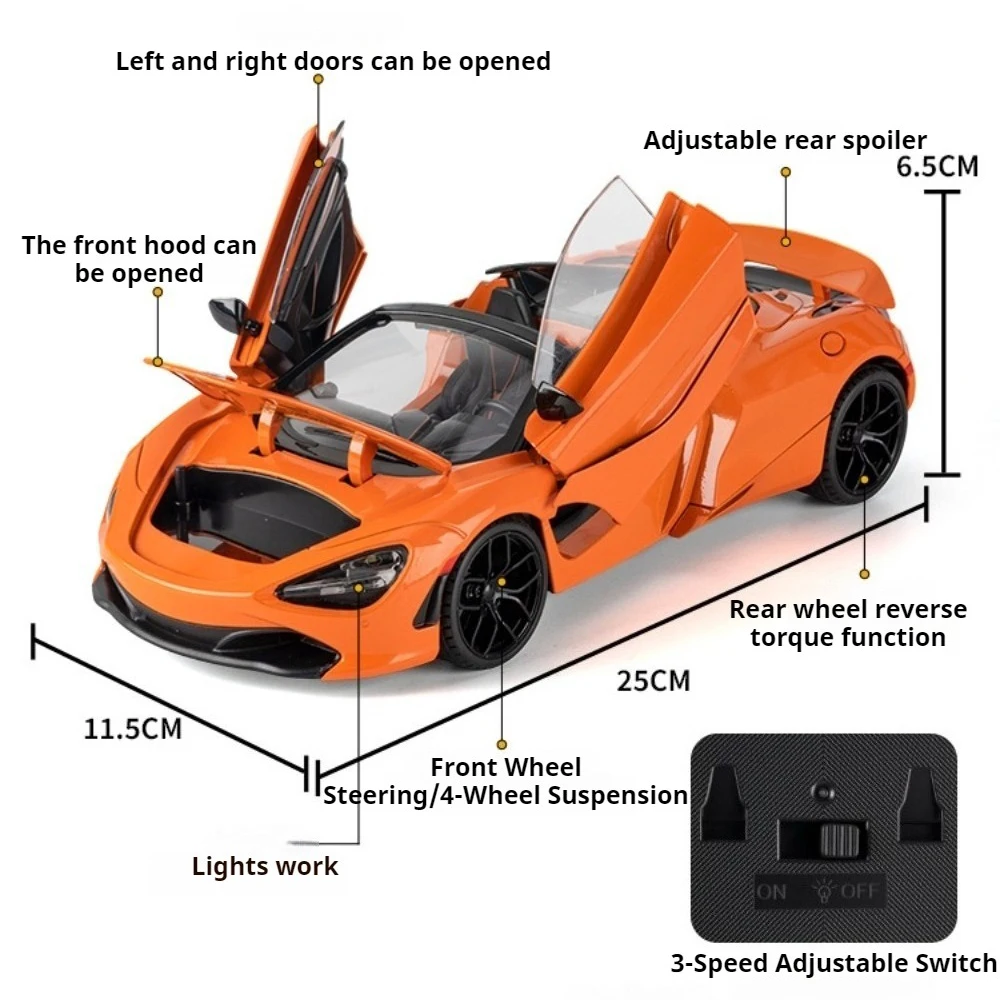 1:18 헬캣 720S 장난감 모형 슈퍼카 합금 다이캐스트 도어 개폐 가능 전륜 조향 충격 흡수 스포츠카 전시 모형
