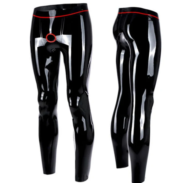 Sexy Latex Pants Men Rubber Black And Red Leggings With Front Crotch Penis Ring Hole Handmade S-LTM038