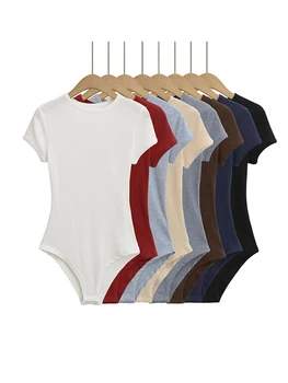Summer Rib Knitted Elastic Slim 8 Solid Color Bodysuit Women Basic Short Sleeve Top Jumpsuits
