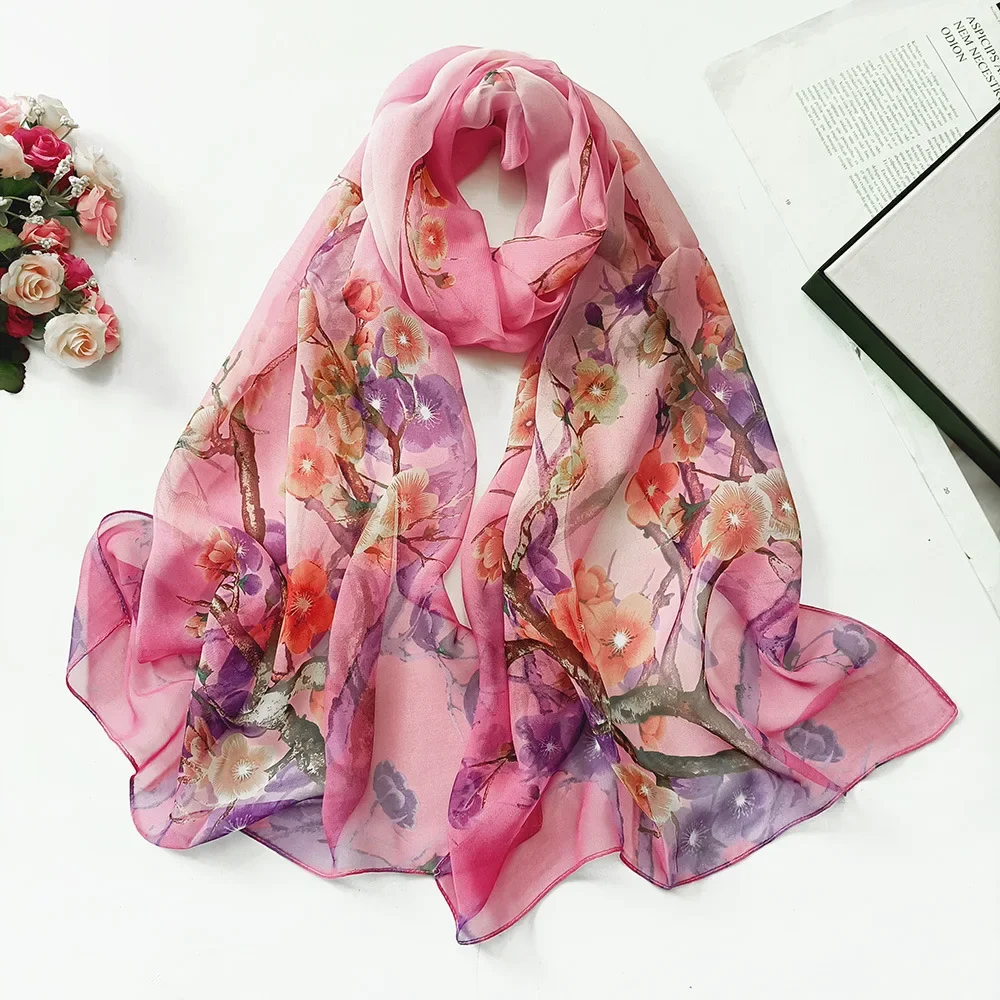 Silk Scarves Women Chiffon Wraps Shawls Thin Hijab Scarf For Ladies Floral Print Bandana Head Scarfs Sunscreen Long Neck Scarf - 3