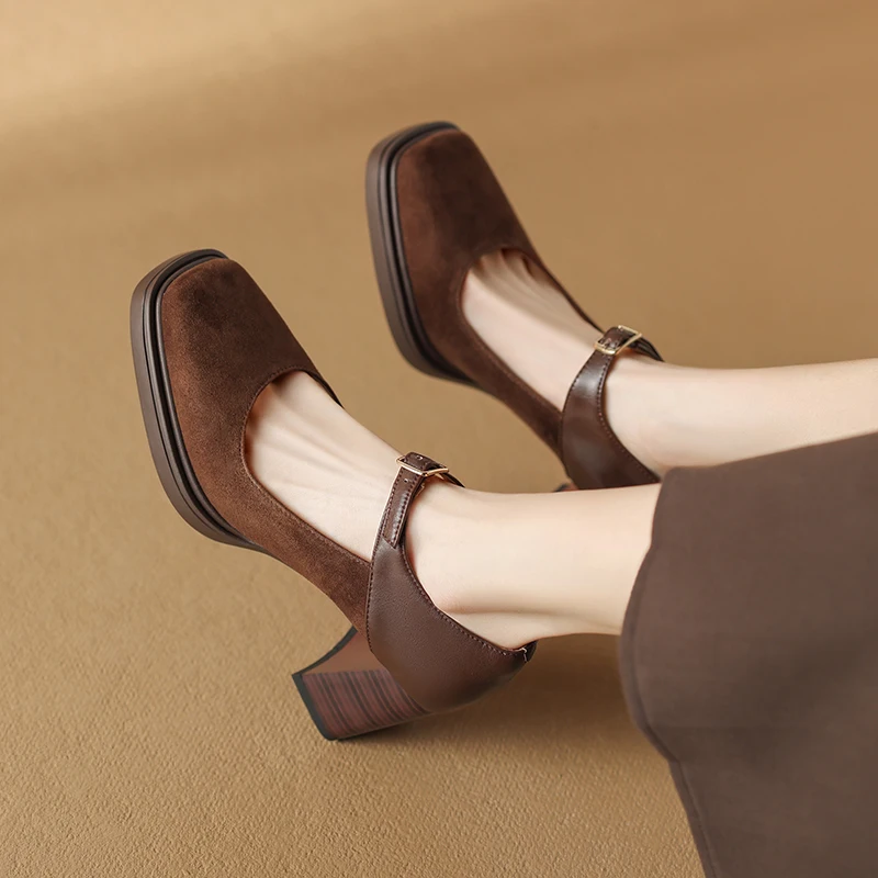 

Retro Style Sheep Suede Women's High Heels Shoes Square Toe Shallow Buckle Women's Mary Jane Shoes 2024 Spring New Female Pumps
