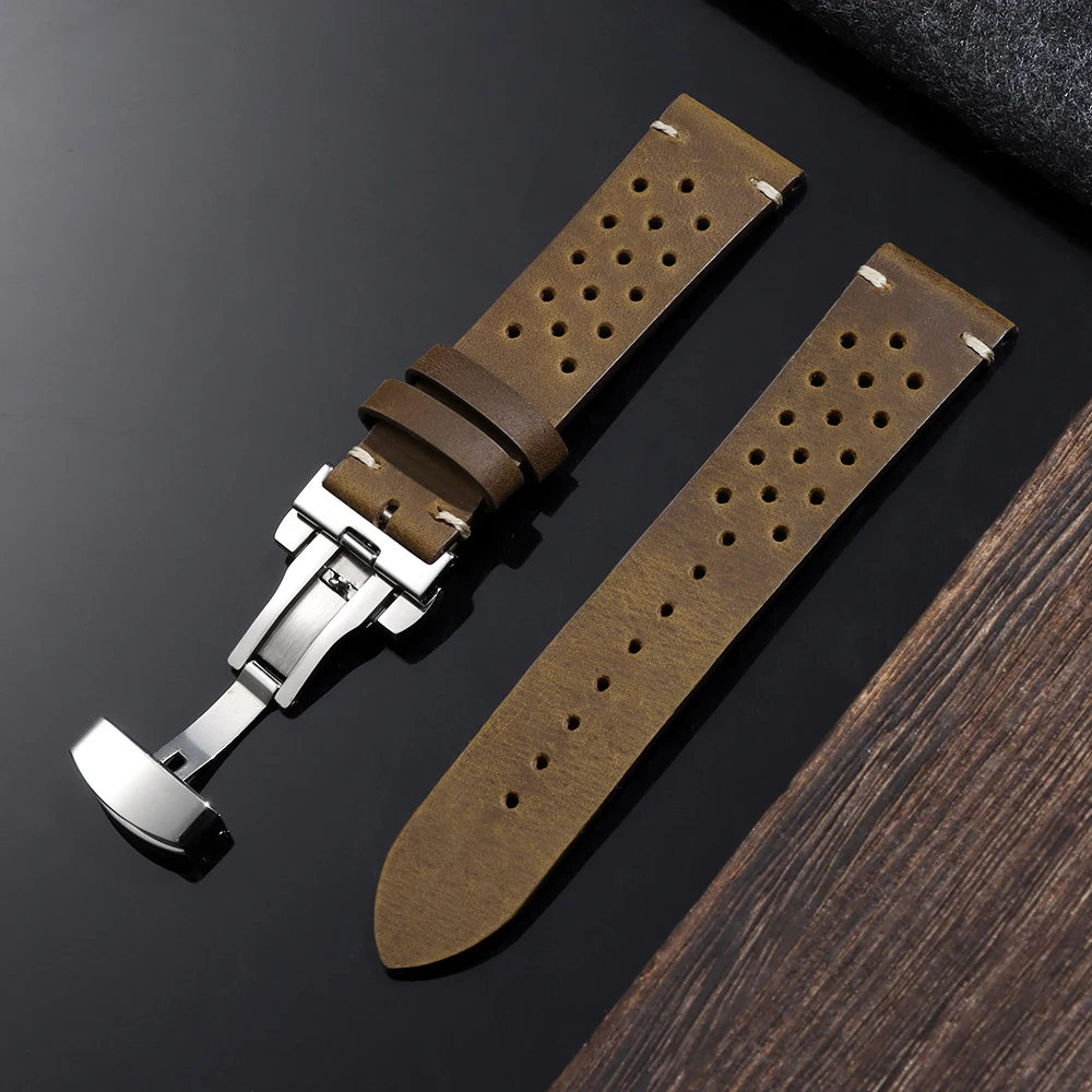 Vintage Butterfly Buckle Porous Cowhide Watch Strap - Breathable Soft Leather Business Band