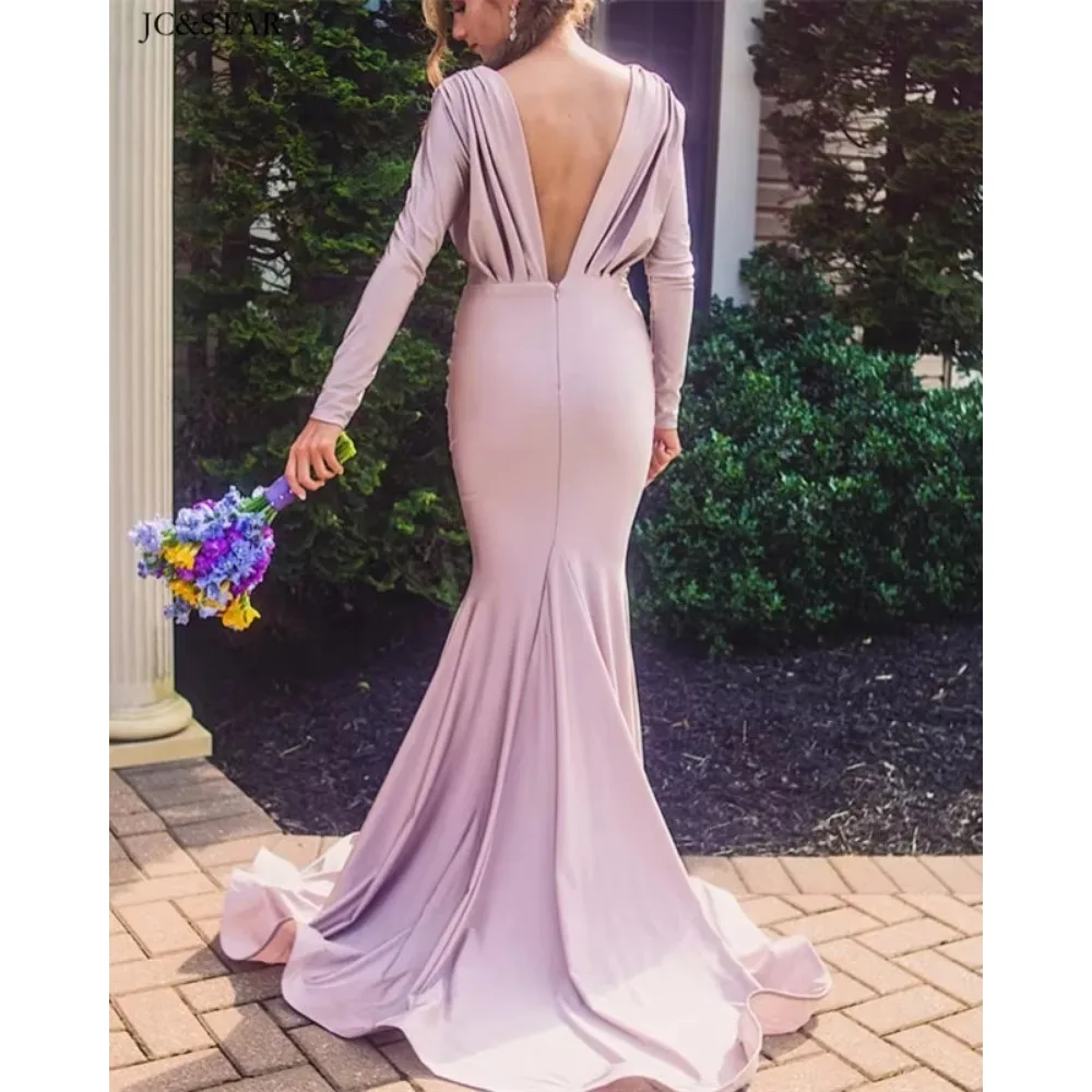 Green Silk Satin Sexy Mermaid Bridesmaid Dresses Long Deep V Neck Backless Long Sleeves Wedding Party Dress Garden Prom Dress
