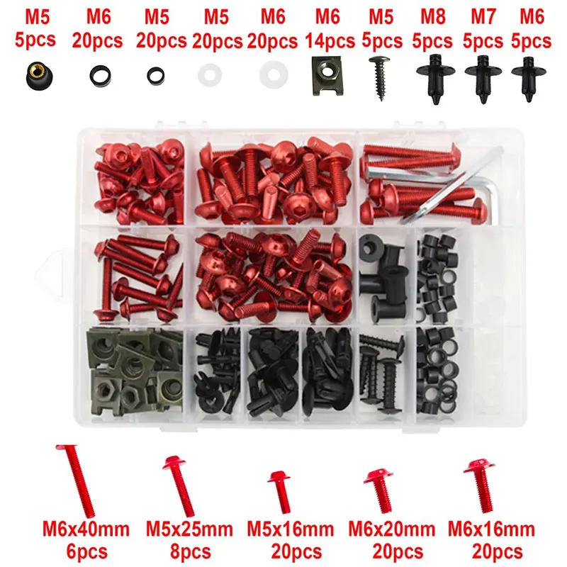 

195Pcs Motorcycle Fairing Bolt Kit Aluminum Windscreen Mudguards Screws Fasteners Kit Washers Nut Bolts Screws Clips Assortment
