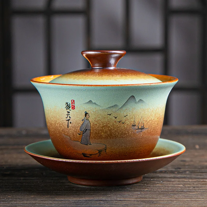 Chinese Ceramic Tea Tureen, Kungfu Tea Cup, Making Device, Ancient Pottery, Teaware Utensils, Vintage Firewood Sancai Gaiwan