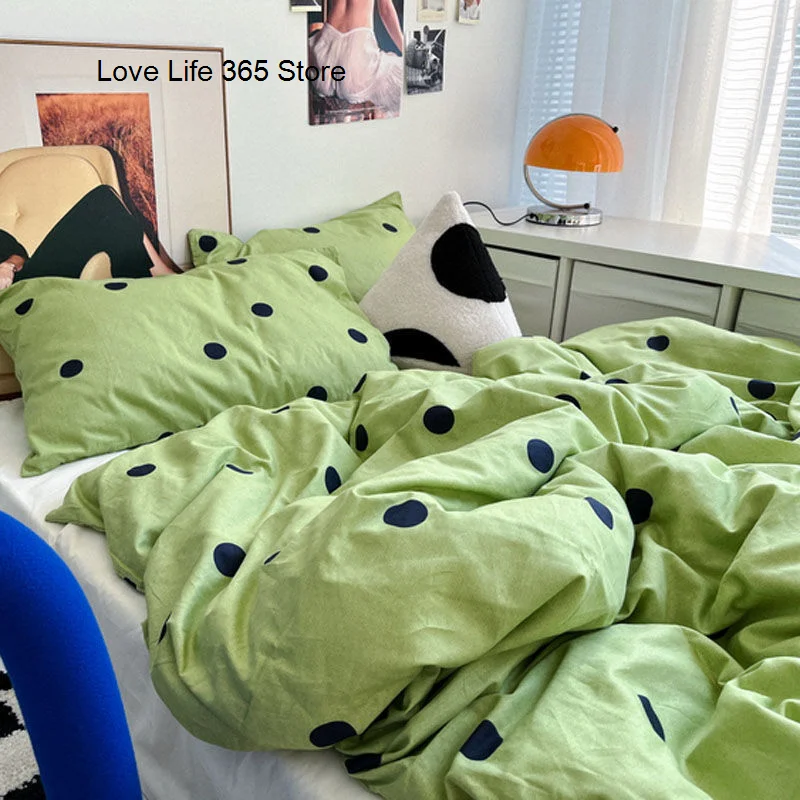 

Комплект постельного белья в горошек, зеленая искусственная наволочка, домашний текстиль, милые простыни, полноразмерные, для девушек и женщин