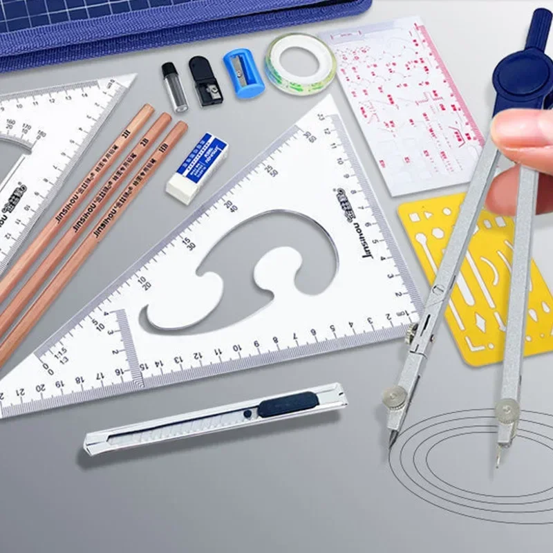 Geometry Set Metal Compass Math Tool Protractor Pencil Eraser Sharpener Triangle Lead Refills 17Pcs Engineers Students