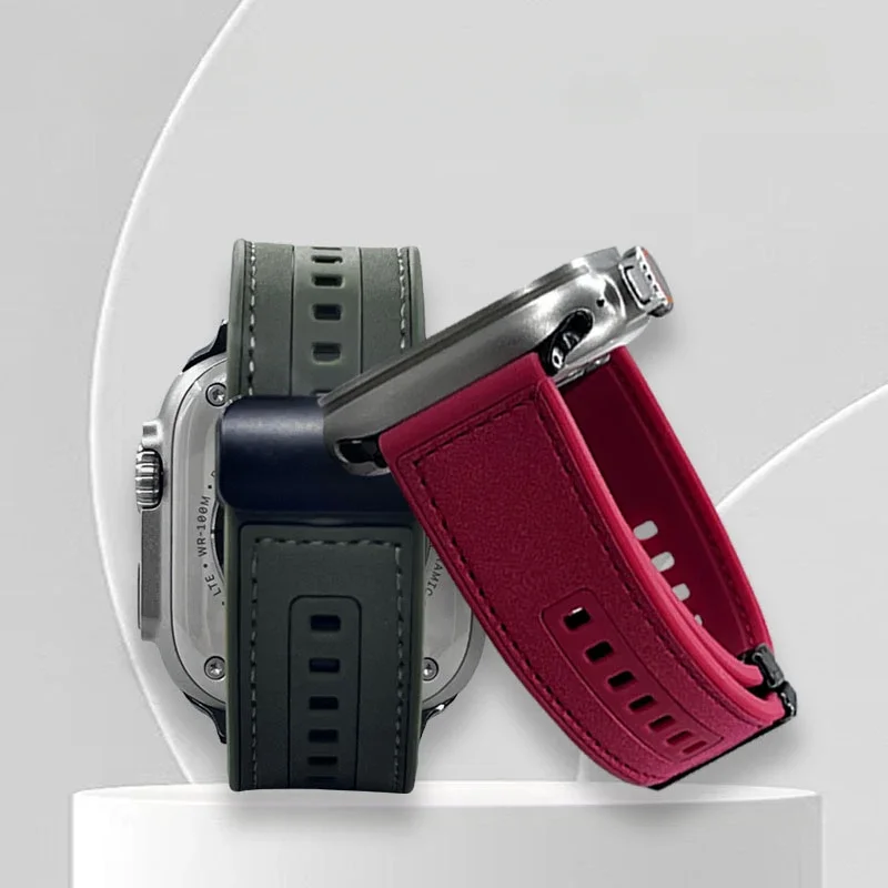 Silicon+Leather Band For Apple Watch Strap 41 42 44 45 49mm 46mm Retro Magnetic Buckle Bracelets iWatch Ultra Series 10 9 8 7 SE