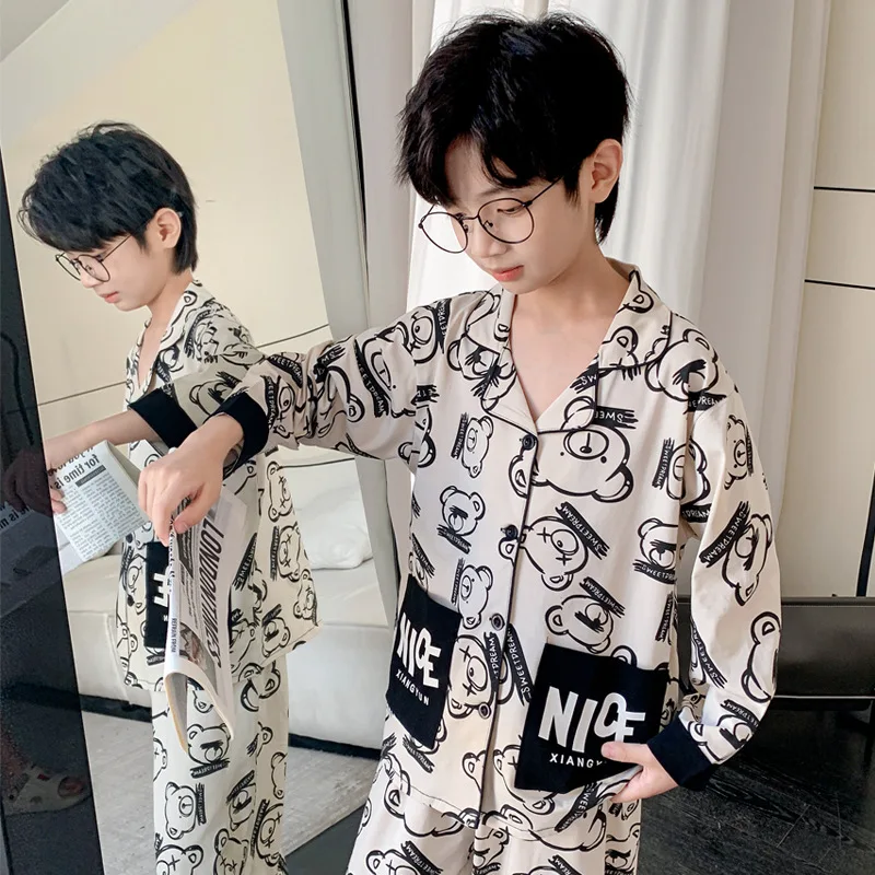 Lapel Cardigan Pajamas Set All-Over Print Bear Design Loungewear Pure Cotton Sleepwear for Big Children's Comfy Homewear
