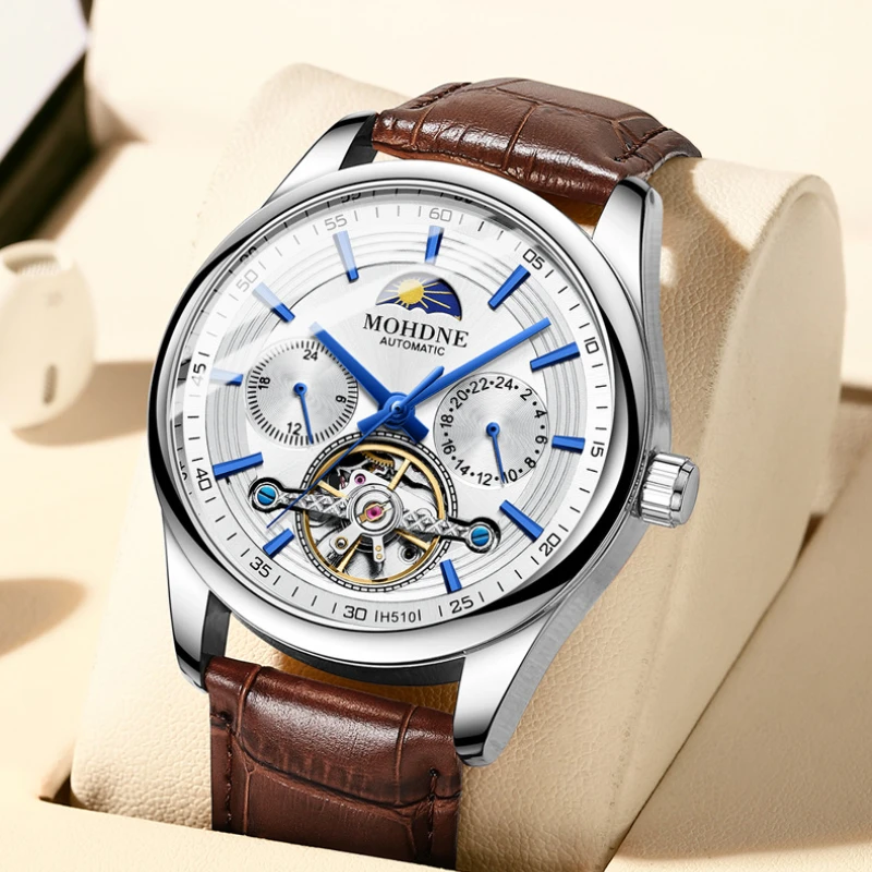 

Men's Fully Automatic Hollow Mechanical Watch Moon Phase Fashion Blue Pointer Design Casual Business Leather Wristwatch Male