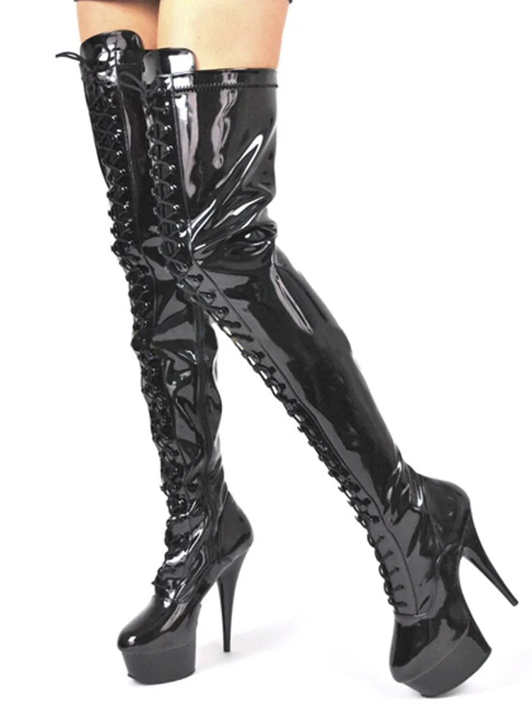 

7Inches Sexy Fetish Fashion Over The Knee Exotic Dancer Boots Platform Round Toe Thin Heels Gladiator Nightclub Cross Dressing