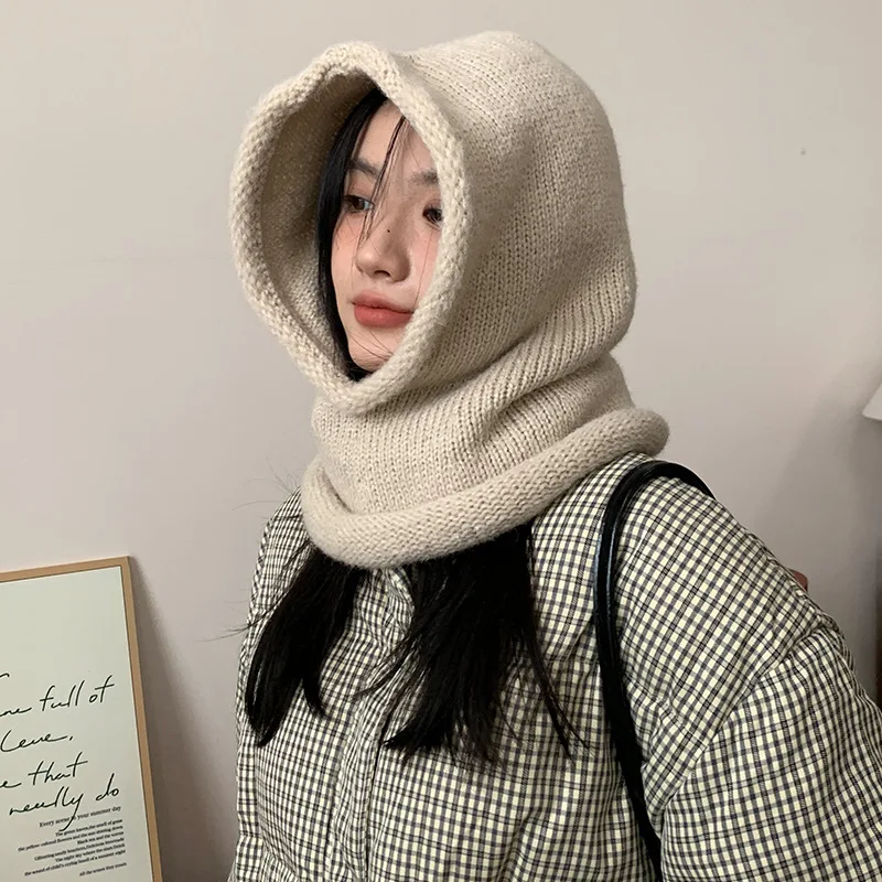 Japanese Retro Balaclava Hat Women Scarf Winter Hat and Neck Cold Proof Warm Knit Cap Female Fashion Color Matching Women's Hats
