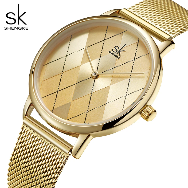 SHENGKE – montre-bracelet à Quartz pour femmes, Design Original, en acier inoxydable doré, à la mode, cadeaux pour dames