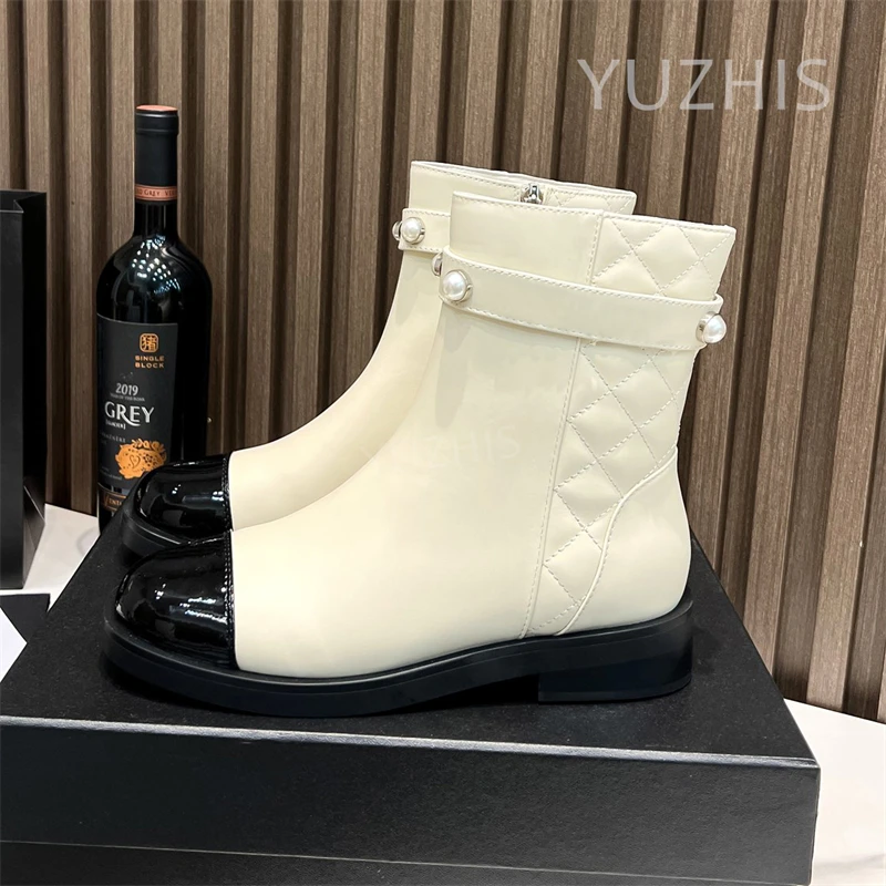 

High Quality Women Black White Boots Fashion Pearl Strap Ankle Boots Real Leather Runway Brand Designer Zipper Short Boots