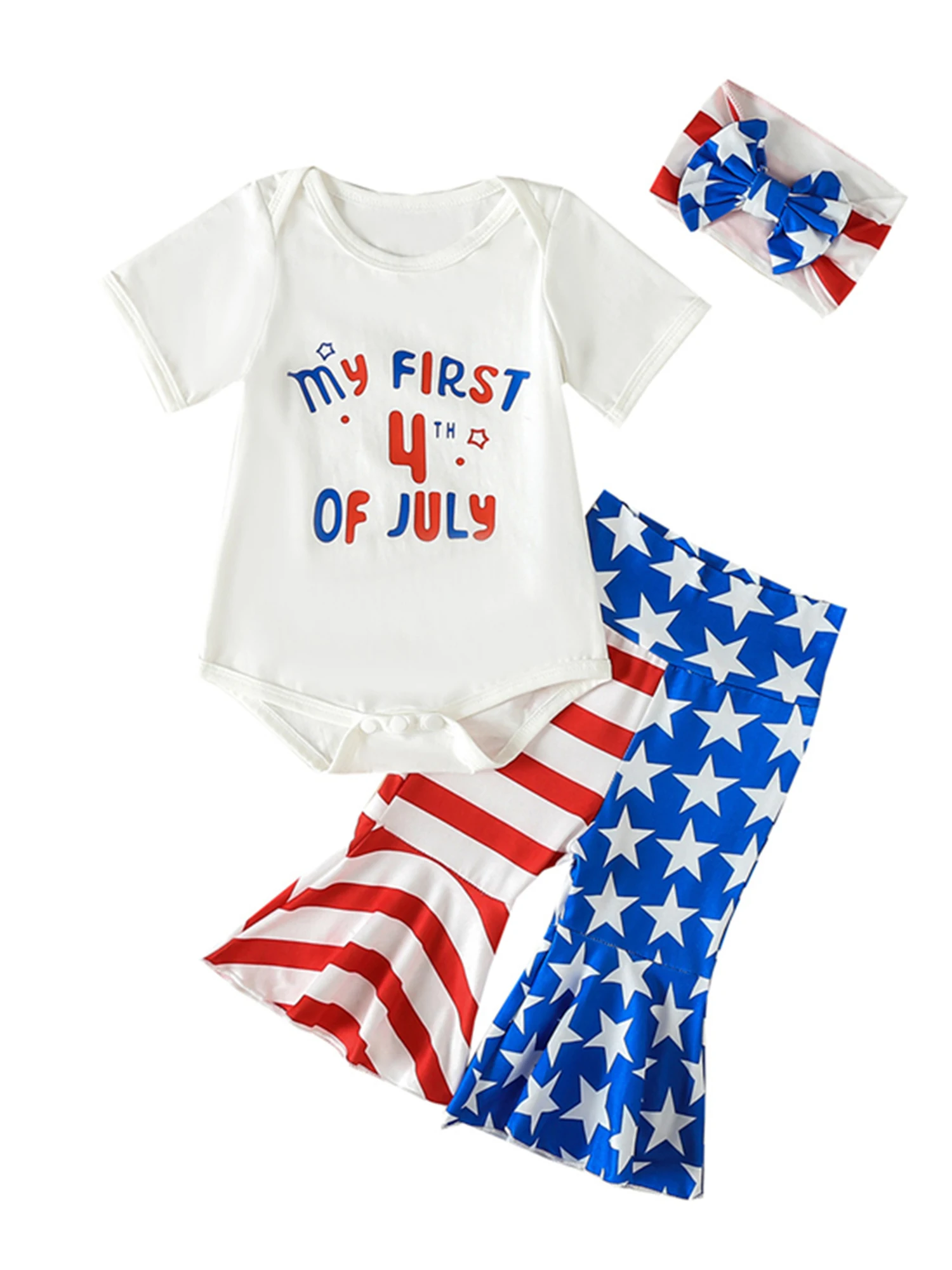 

My First 4th of July Baby Girl Outfit Newborn Baby Romper American Flag Bell Bottom Pants Bow Headband Outfits Sets (My First