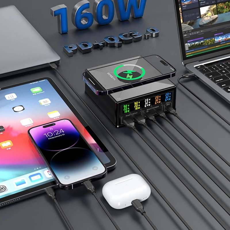 For Apple Huawei Charging Head 160W USB Multi-Port Intelligent Display Voltage Current PD20W Fast Charging UK Plug