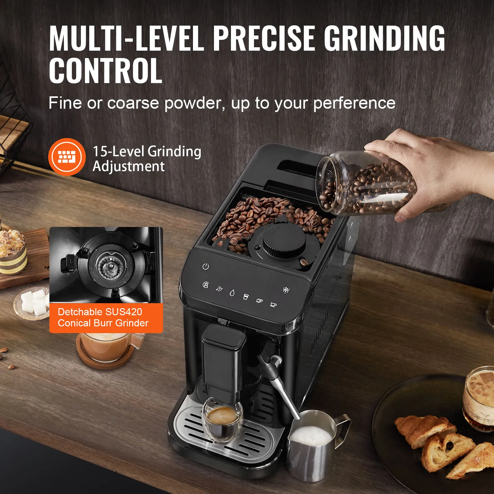 VEVOR Automatic Espresso Machine,20 Bar Auto Coffee Machine w/Frother Steam Wand,Built-In Grinder and 15-Level Grinding Settings 3