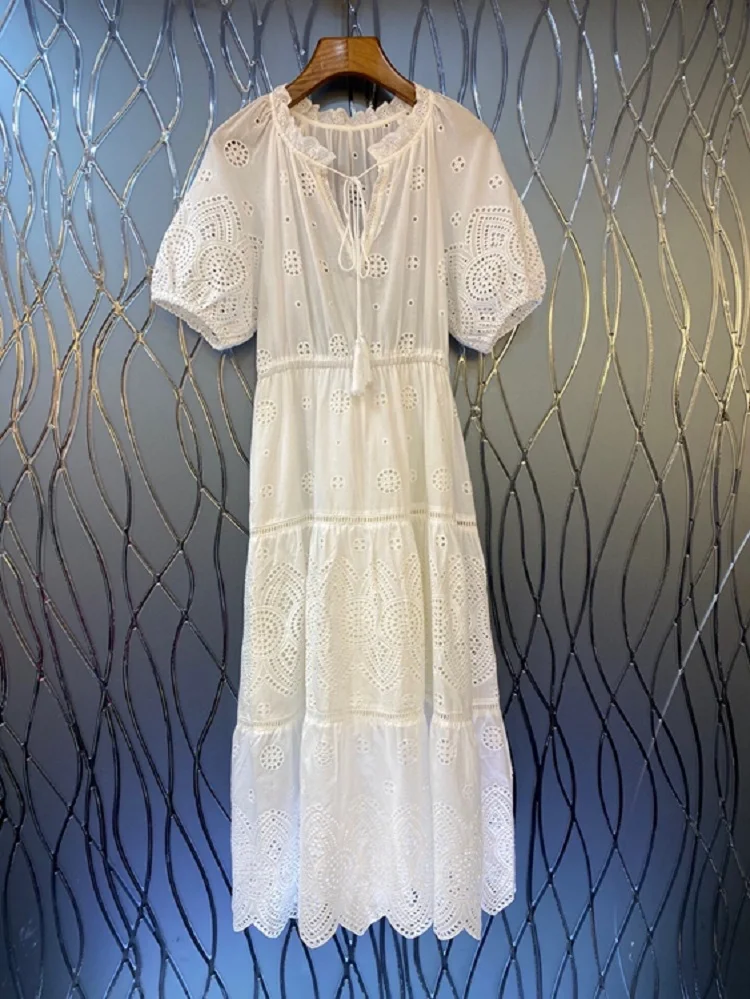 

100%Cotton Dress 2022 Summer Style Women V-Neck Hollow Out Embroidery Elastic Waist Short Sleeve Mid-Calf Casual White Dress