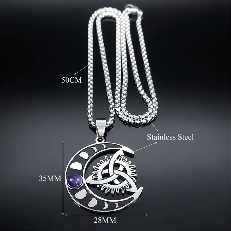 Wicca Halbmond Knoten Edelstahl Halskette für Frauen Männer Hexe keltische Dreieinigkeit Knoten Halsketten Schmuck Collier n8152s01 – Detail 2