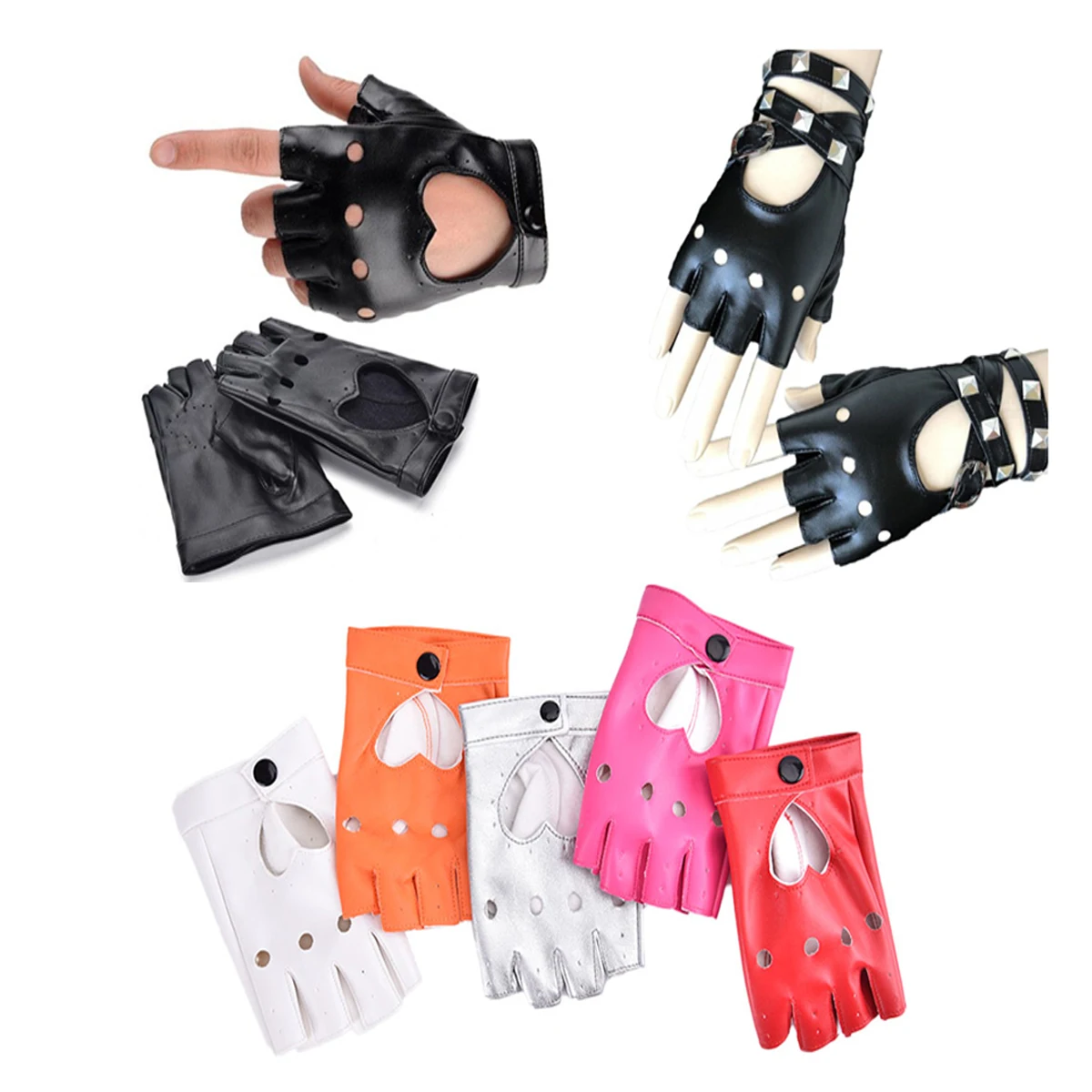 

1Pair Women Fashion Punk Short Synthetic Leather Gloves Half Finger Fingerless Gloves Lady Handsome Black Gloves