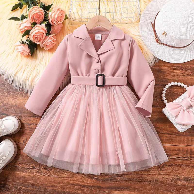 

2023 Winter New Girls Dress Long Sleeve Turn-down Collar Sashes Pink Cute Designer Girls Princess Dress Vestido 8-12T