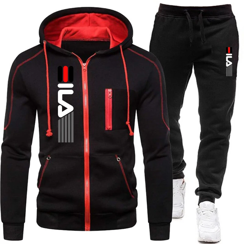 

Autumn Winter Discovery Men Suit New Brand Sports Printed Hoodie Sets Male Luxury Fleece Zip Casual Designer Sportswear Suits