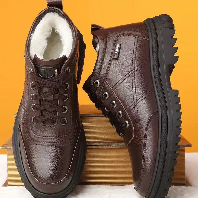 Men's Winter Casual Leather Cotton Shoes Solid Colour Padded Thickened Warm Fur Fashion Waterproof