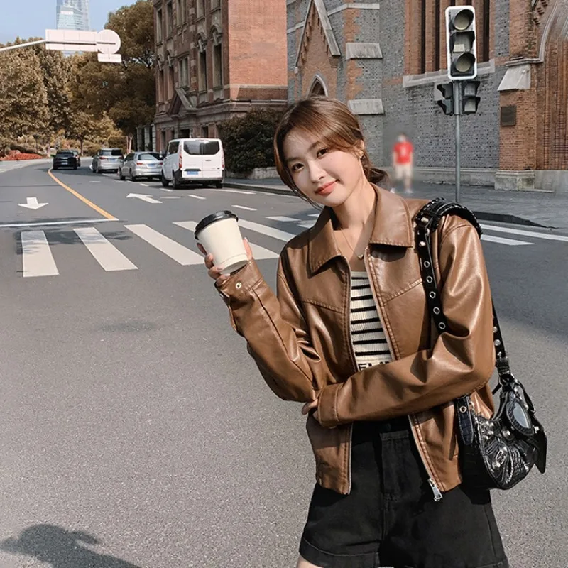 Brown Leather Jacket Short Motorcycle PU Leather Casual and Fashionable Loose Fitting Jacket