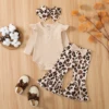 Citgeett Autumn Infant Baby Girls Jumpsuit Solid Color Ribbed Fly Sleeve Romper + Leopard Flare Pants Spring Clothes 2