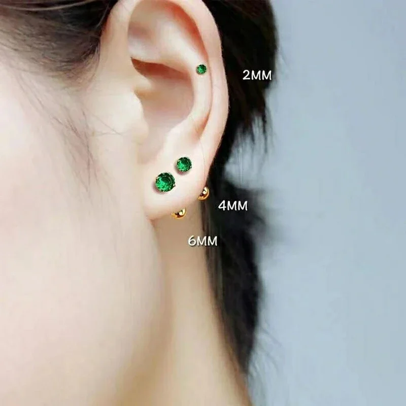 Aço inoxidável Zircão Verde Ear Studs para Mulheres, Helix Tragus, redondo, pequeno brinco de cartilagem, Body Piercing Jóias, 2pcs