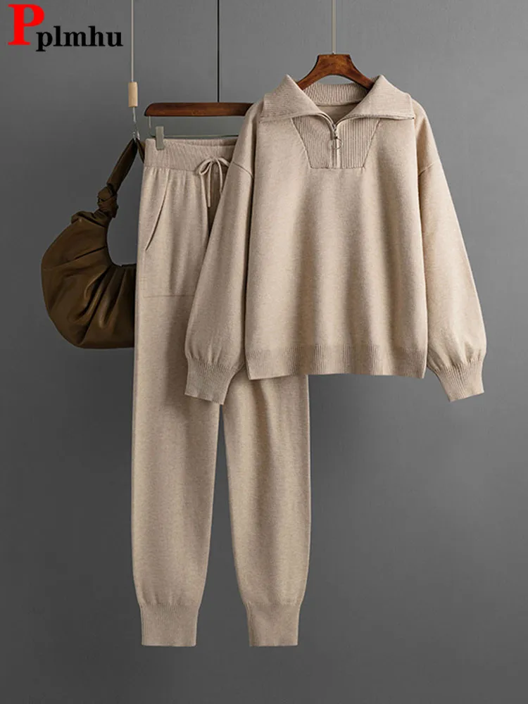 Maglione Lavorato A Maglia Coreano 2 Pezzi Set Donna Casual Maglieria Pullover Top Conjuntos Pantaloni Jogger A Vita Alta Tuta New Setleri