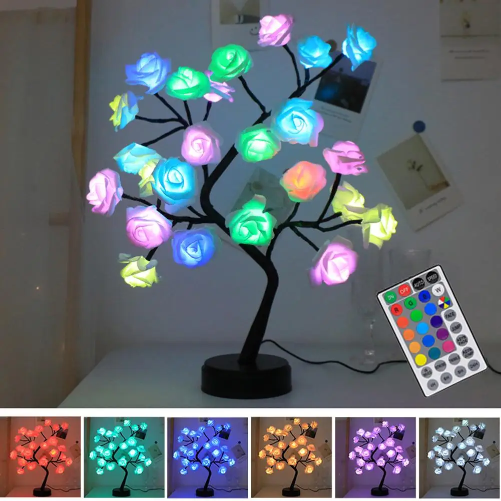 

17 Colors Rose Tree Lamp With Remote Control 7 Speed 4H/6H/8H Table Lamp For Mother Day Christmas Valentine Day Wedding Decor