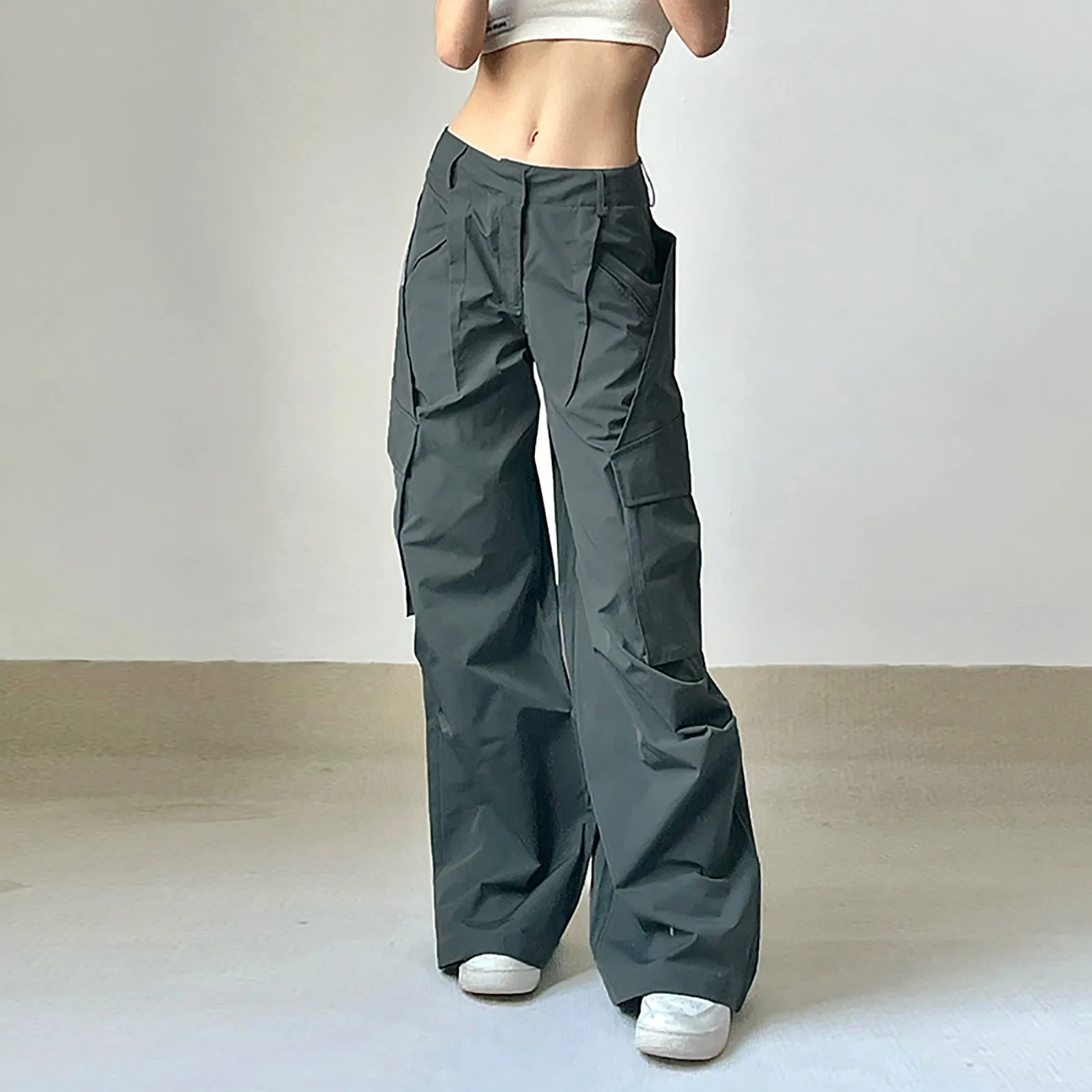 

Women High Street Cargo Pants Y2K Harajuku Loose Wide Leg Streetwear Joggers Pants Female Hip Hop Solid Color Oversize Trousers