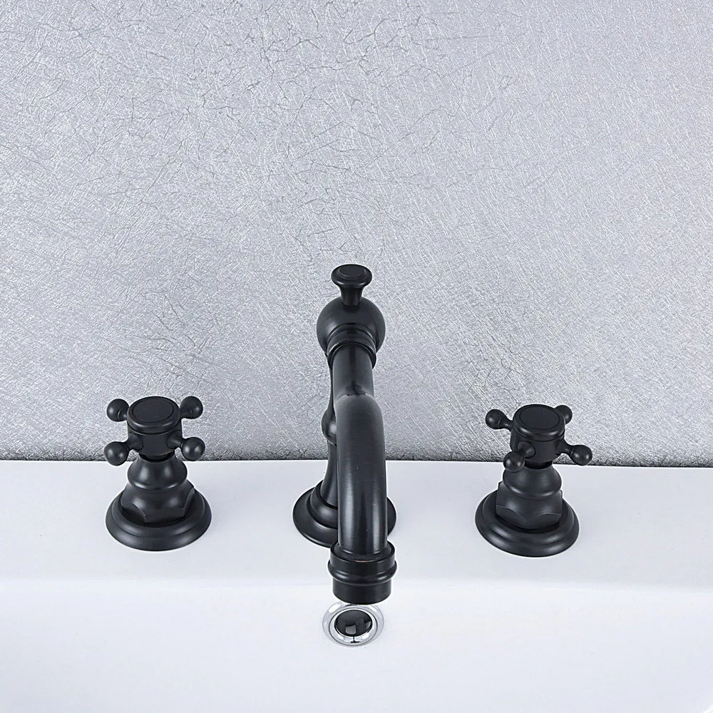 

Black Oil Rubbed Bronze Deck Mounted Dual Handles Widespread Bathroom 3 Holes Basin Faucet Mixer Water Taps msf539