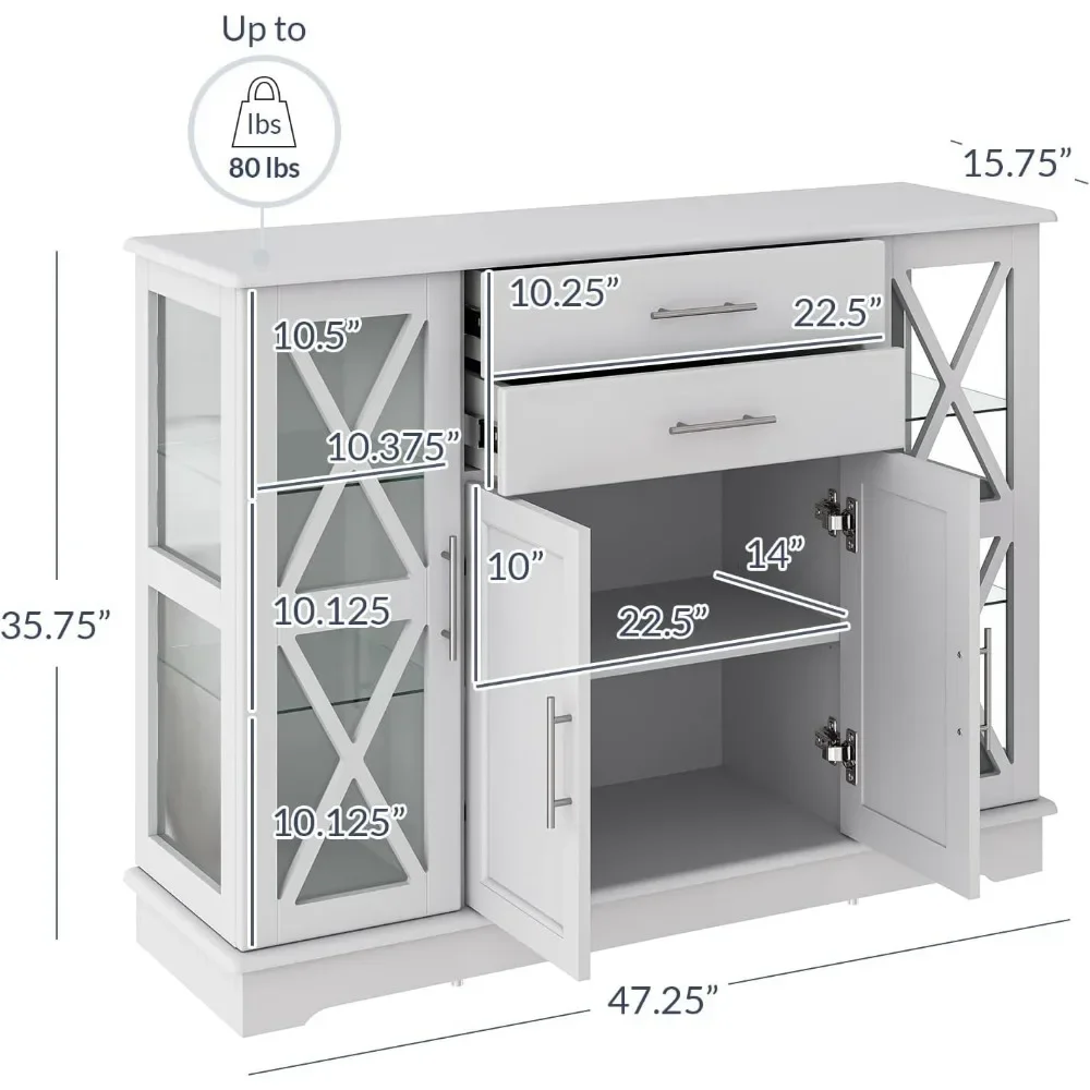 47 Inch Storage Console Table Coffee Bar Kitchen Cupboard Pantry Glass Display Cabinet for Lving Entry