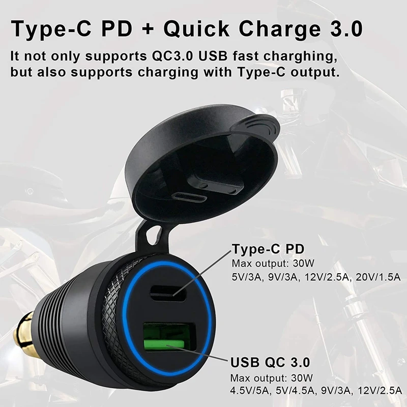 bobotron Motorcycle DIN Hella Powerlet Plug Waterproof Charger to QC3.0 USB Charger & Type C 30W Power Delivery Socket 