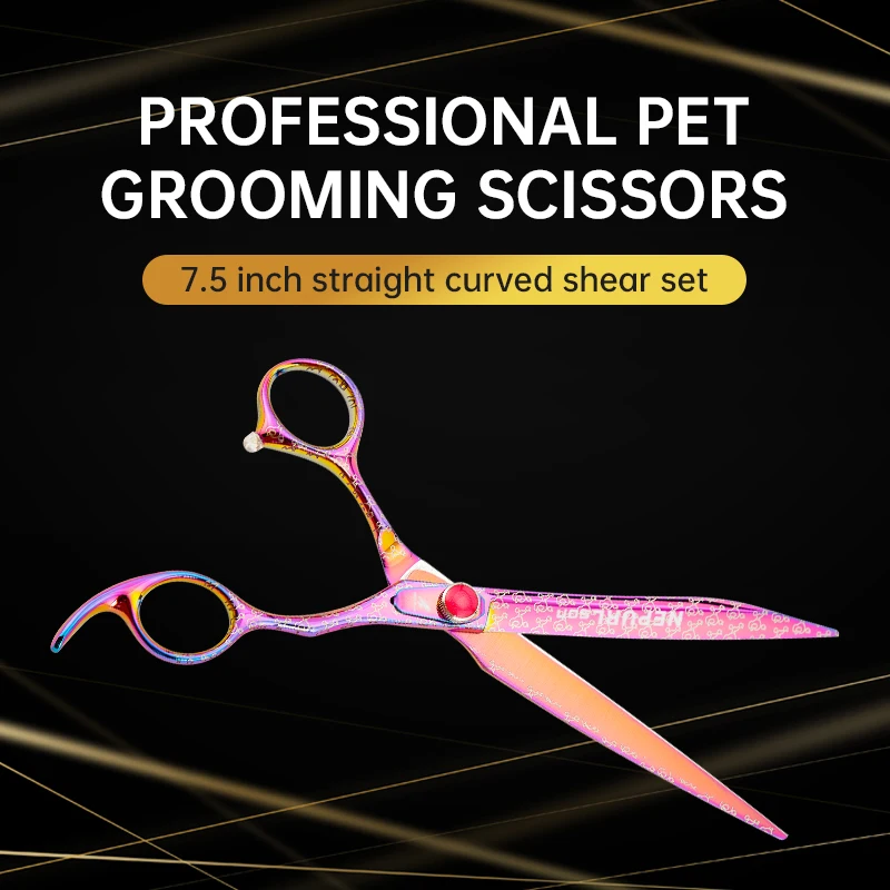 VG10 Steel High-quality 7.5 Inch Professional Pet Scissors For Dog Grooming Cutting Big Quick Trim Straight Curved Shears