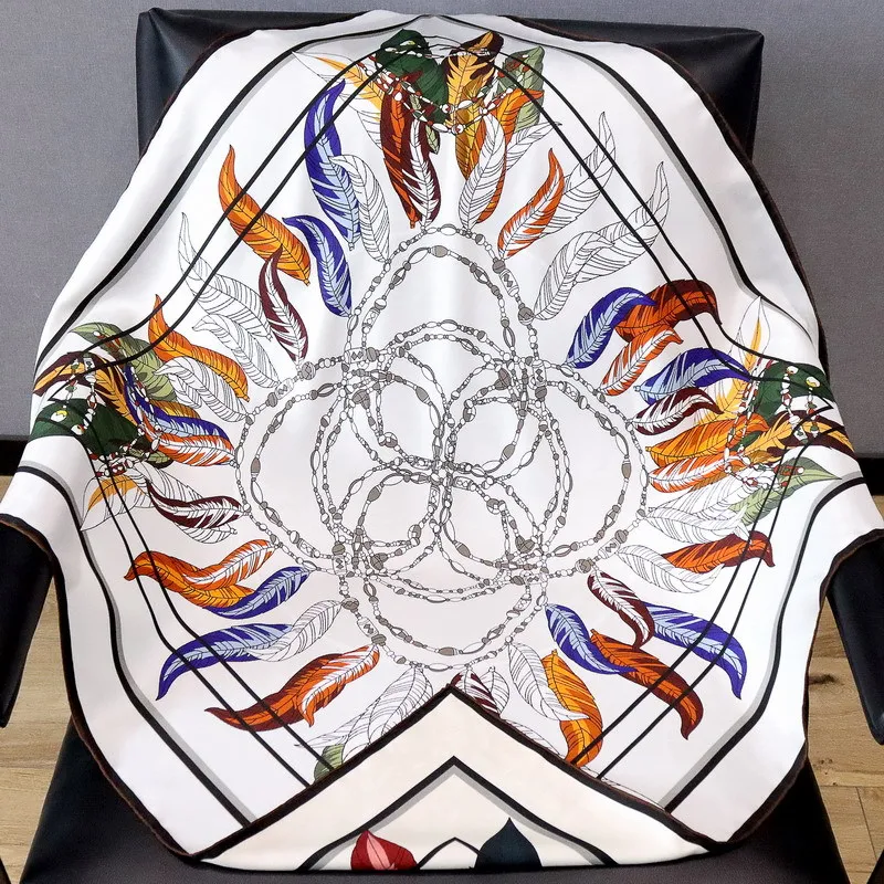 Feathers Print 100% Silk Scarf Neckerchief Double Sided Printing Womens Luxury 90 Silk Bandana Scarf Shawl Poncho