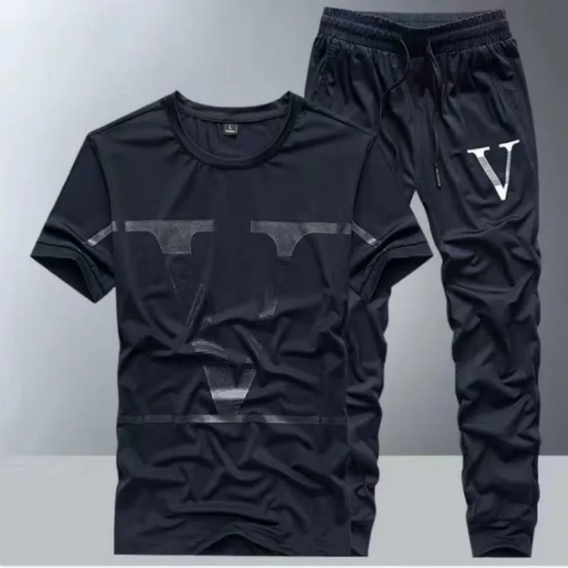 Summer New Ice Silk Suit Men's Youth Fashion Brand Short Sleeve T-Shirt High-Quality Loose Pants Casual Sports Suit Large Size