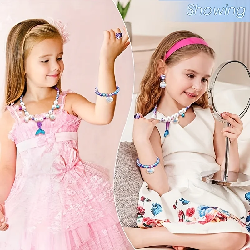 5Pcs Mermaid Jewelry Girl Dress up Toy Set Shell Necklace Bracelet Ring Earrings For Mermaid Party Costume sticker jewellery toy