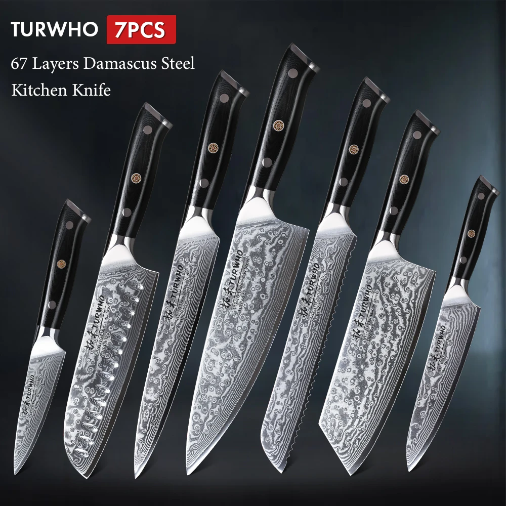 Turwho Kitchen Knives Set 67 Layers Damascus Steel Chef Knives Santoku Knife Meat Cleaver