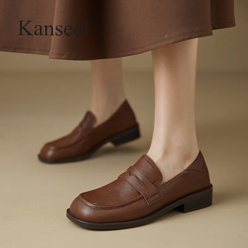 

Kanseet Real Leather Women's Shoes 2023 Spring New Concise Loafer Round Toe Casual Handmade Slip-On Flats Ladies Footwear Brown