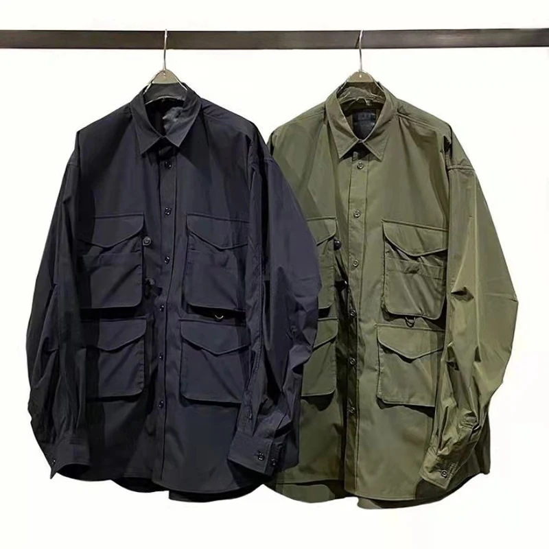 

Japanese Fashion Loose Multi Pocket Military Style Jacket Cityboy Men and Women Long Sleeved Black Green Coat