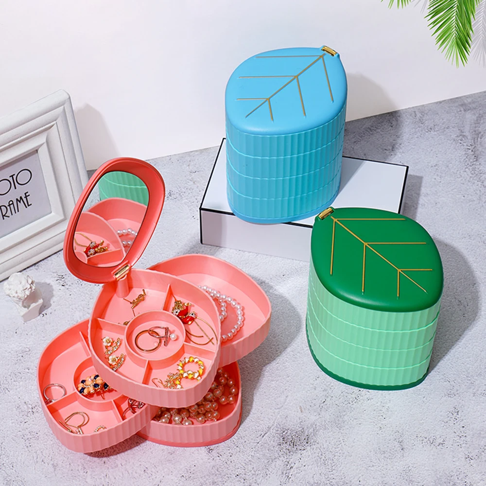 

Leaf Shape Rotating Jewelry Storage Box Makeup Organizer Bracelet Necklace Ring Earring Holder Display Stand With Mirror Cover