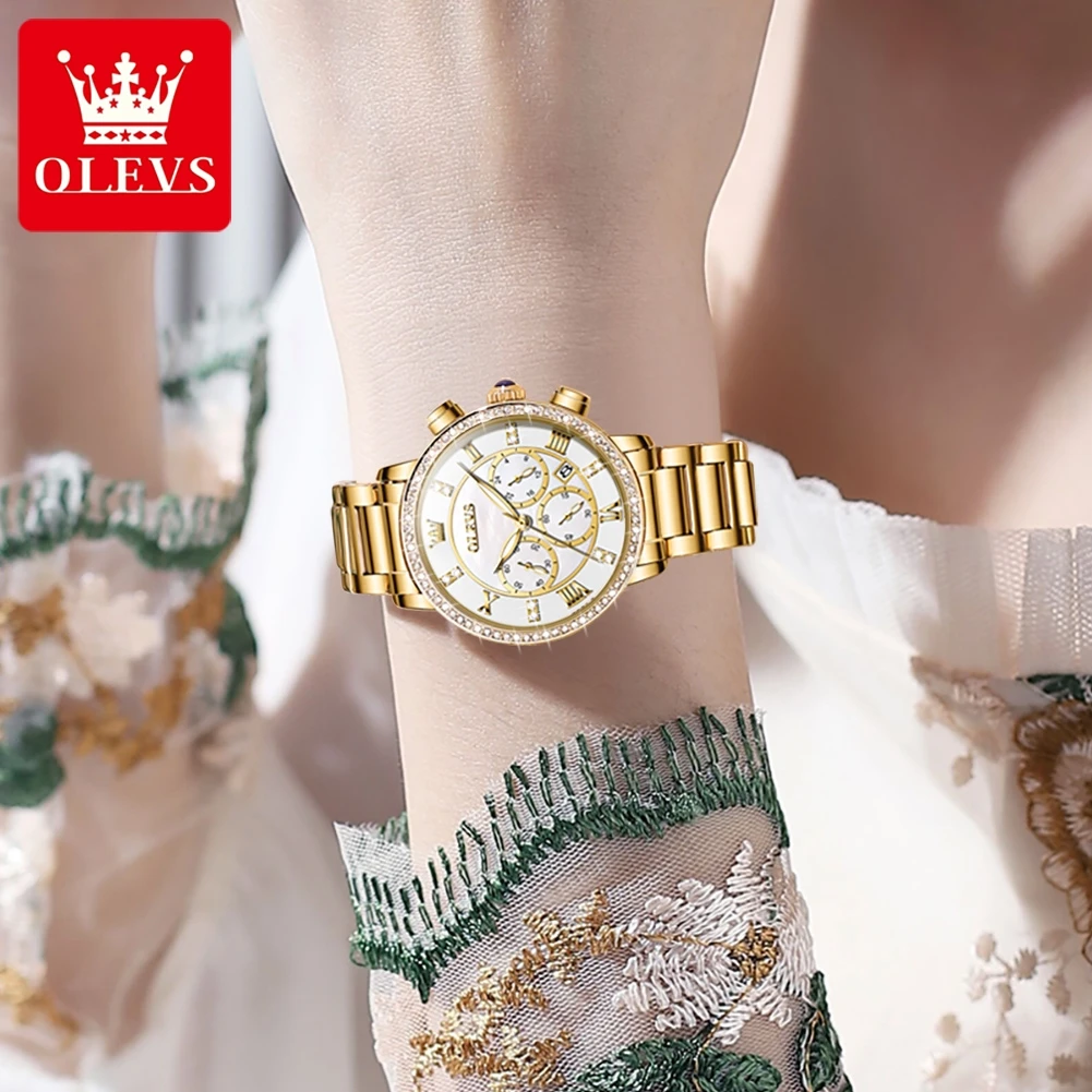 OLEVS9976 Quartz Watch for Women Luxury Elegant Multifunction Design Watches Stainless Steel Luminous Waterproof Wristwatch Gift