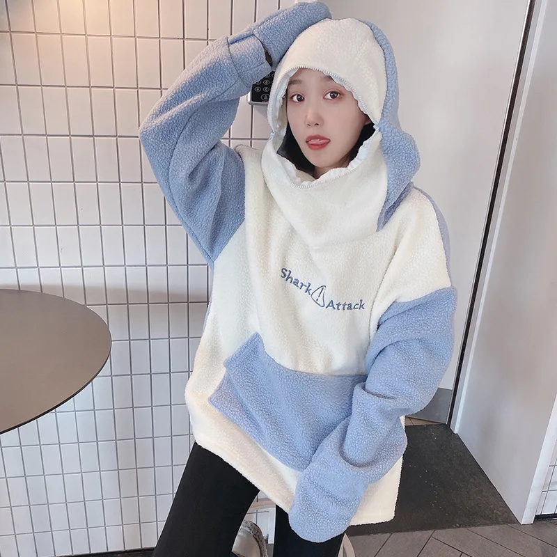 Kawaii Shark Hooded Sweatshirts Women Plush Warm Autumn Winter New Fashion Hoodies Cute Student Clothing Furry Pullovers Pockets