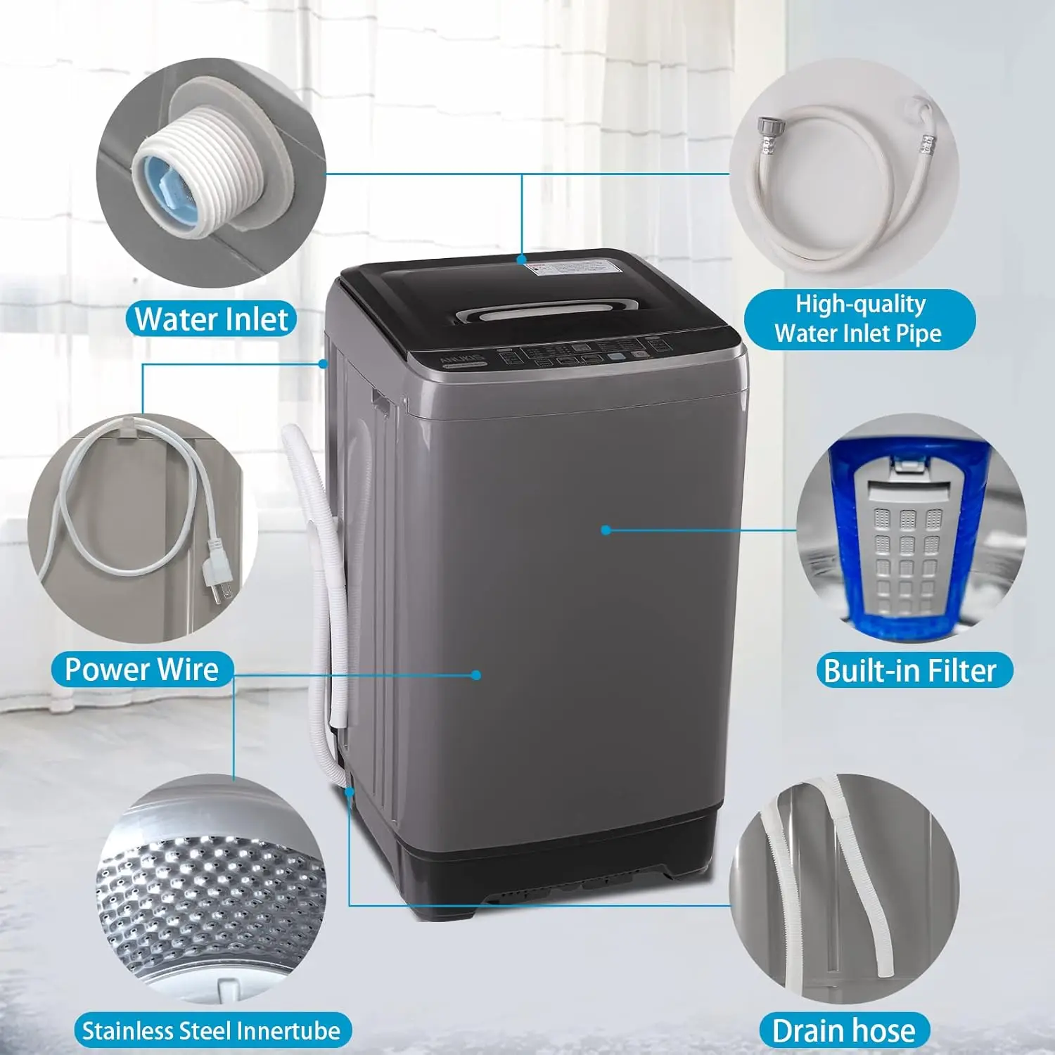 Fully Automatic Portable Washing Machine 13 lbs Capacity Compact Laundry Washer with Drain Pump 10 Wash Program