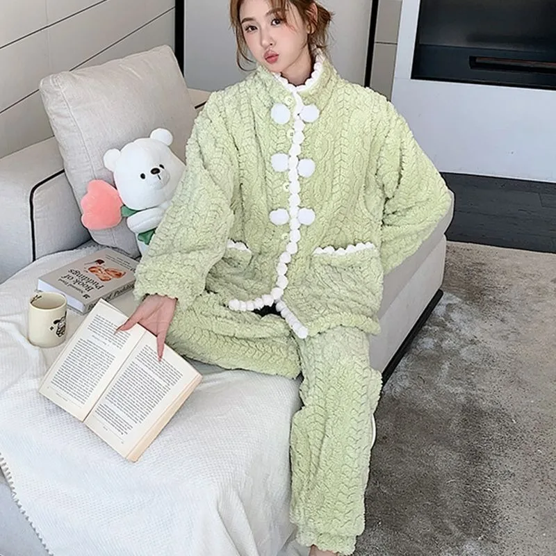 Winter Women Flannel Confinement Clothing Thickened Warm Nursing Pajamas Female Coral Velvet Nightclothes Suit Casual Homewear 2020 velvet thick warm women s winter pajamas set flannel couple homewear suit pink gray two piece sleepwear female home clothes