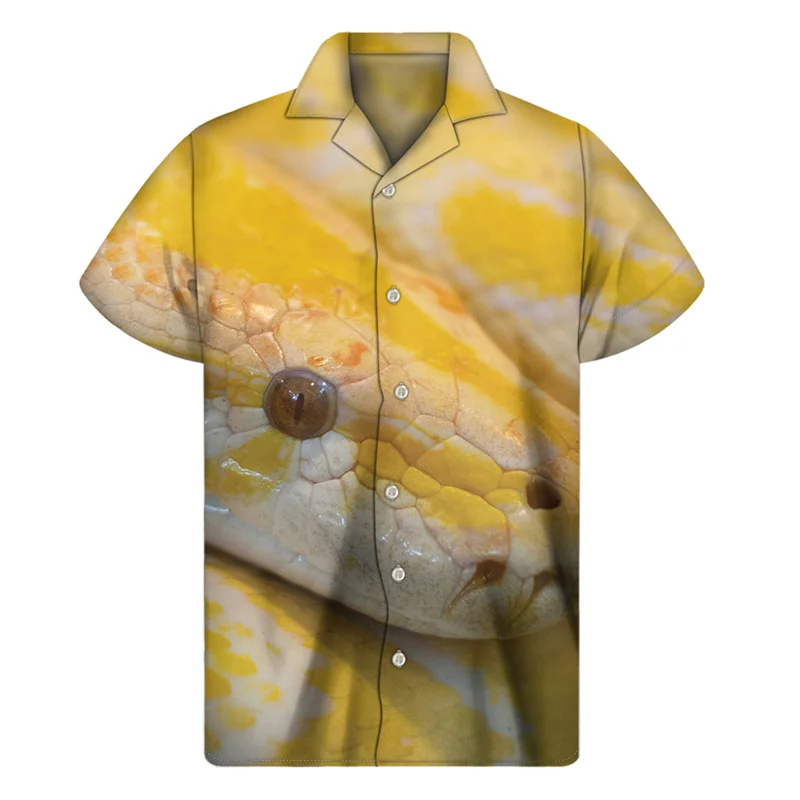 thumbnail image 1 of Camisas hawaianas con estampado 3D de serpientes de colores brillantes para hombre, camisa de verano con botones y solapa, blusa holgada de manga corta, 1 of 4