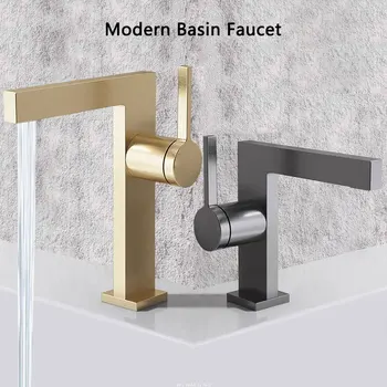 ก๊อกน้ำทองเหลืองซิงค์ห้องน้ำผิวด้านที่ทันสมัยใหม่ก๊อกน้ำอ่างล้างหน้าสีทองขัดเงาก๊อกน้ำผสมน้ำร้อนและเย็น ก๊อกน้ำอ่างล้างจานแบบหลุมเดียว 1